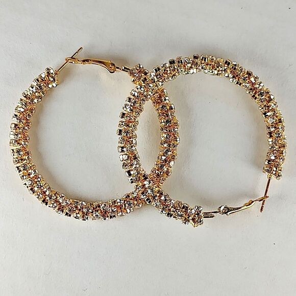 Gold Tone Metal White Colorless Rhinestones Hoop Statement Fashion Earrings - Picture 3 of 16